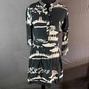 CAROLINA K Women Black White Scenic Print Button Up Shirt Dress Size S